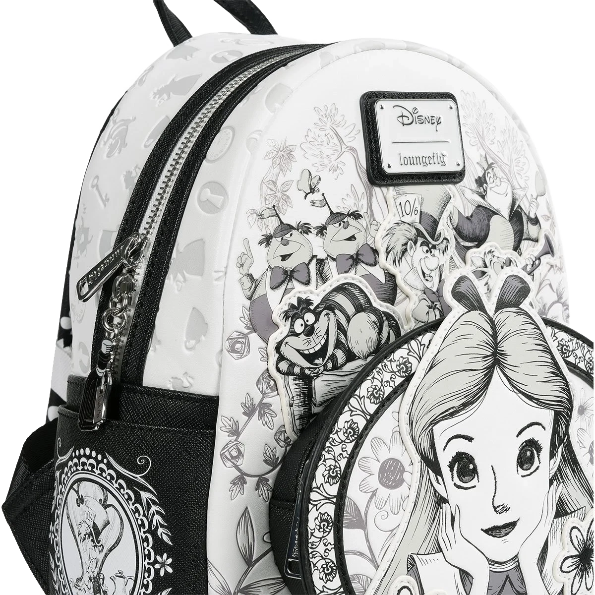 Backpack with black and white illustrations of characters from Disney Alice in wonderland , featuring a Disney logo.