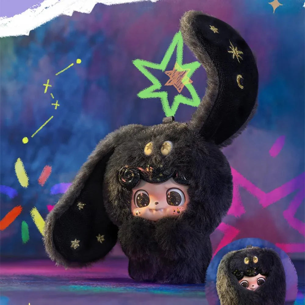 Plush toy Courage Q Kid with large ears against a colorful abstract background