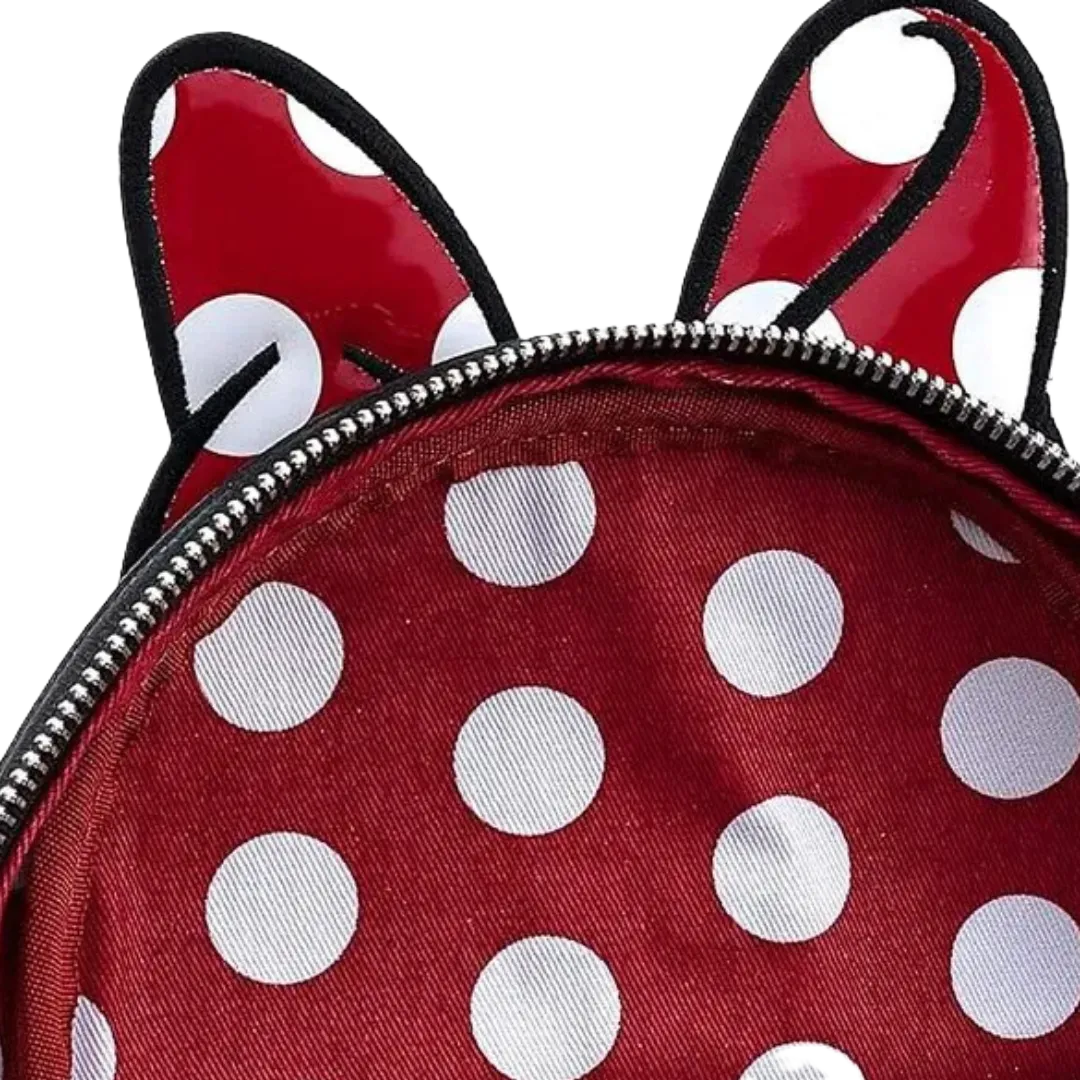 Red minnie mouse polka dot backpack with black straps on a white background