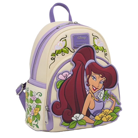 Disney Hercules Meg Floral Loungefly Mini Backpack with Meg design on a white background