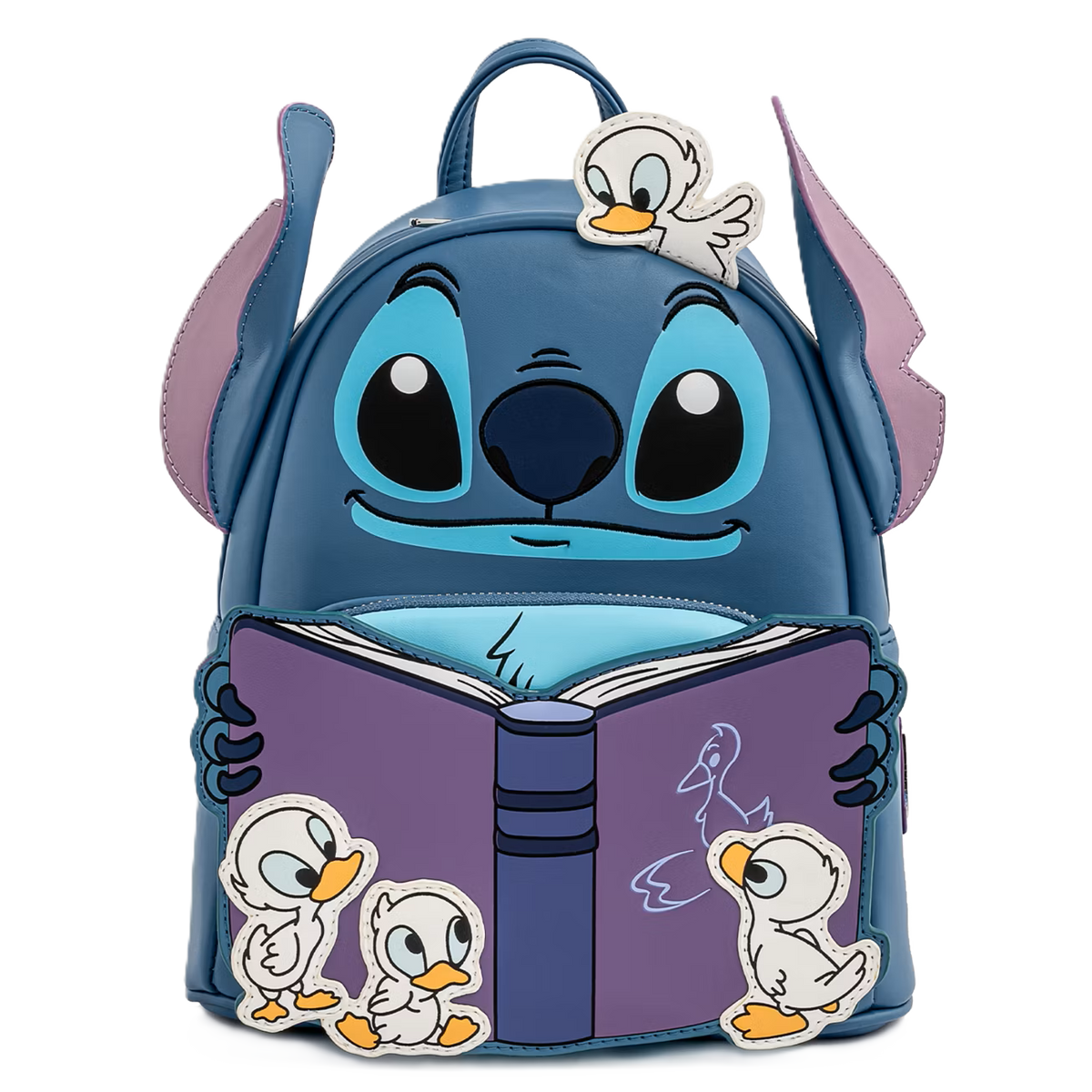 Stitch loungefly backpack holding a book with ducklings on a white background