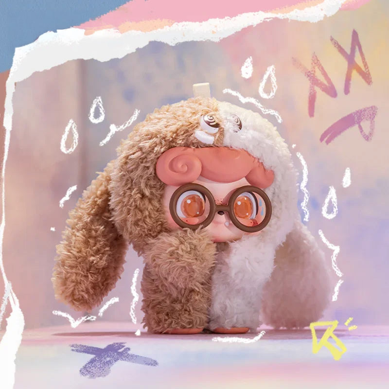 Cute Q Kid social phobia plush toy with glasses on a colorful background