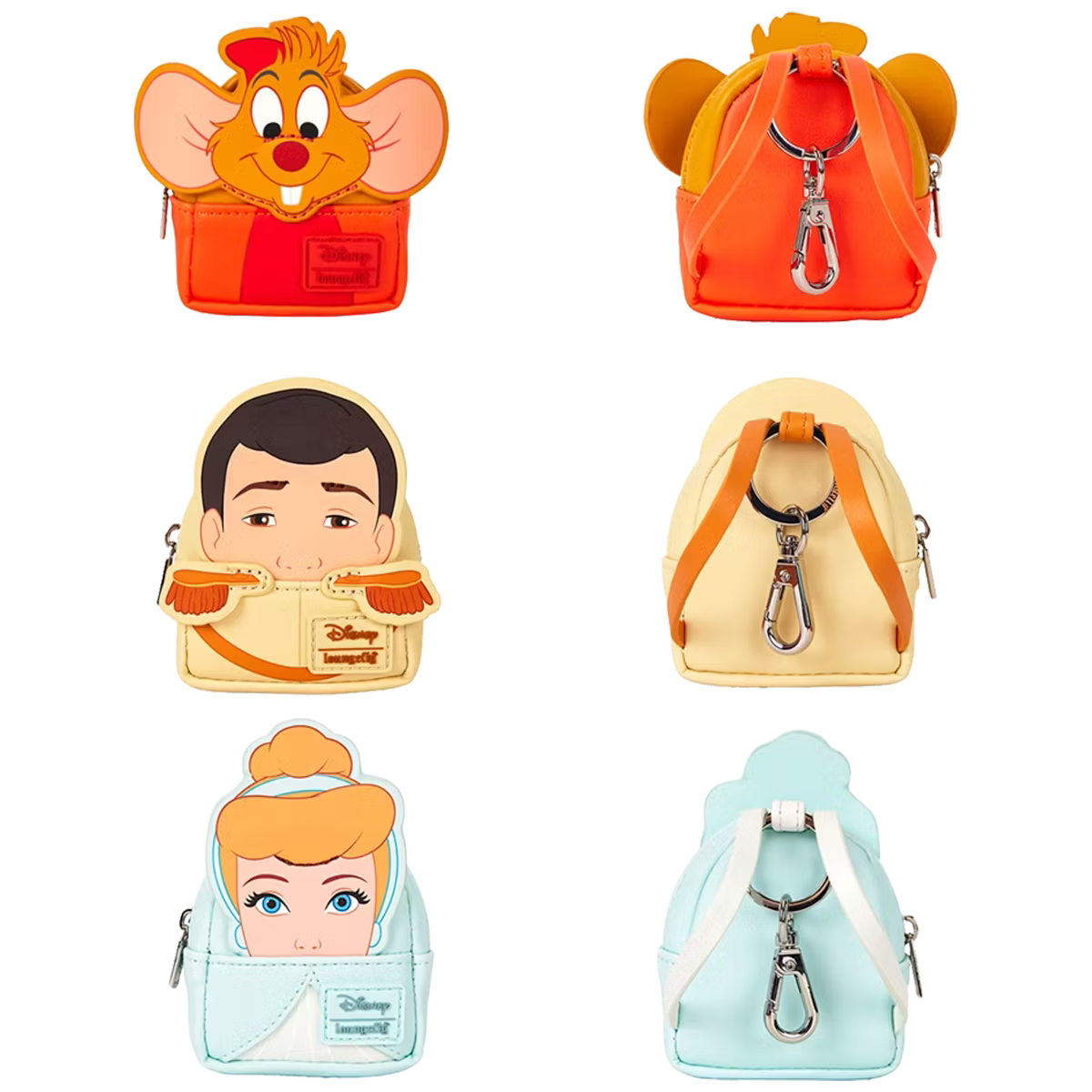 Set of Cinderella 75th Anniversary Loungefly Mystery Bag Charms featuring prince charming and Cinderella