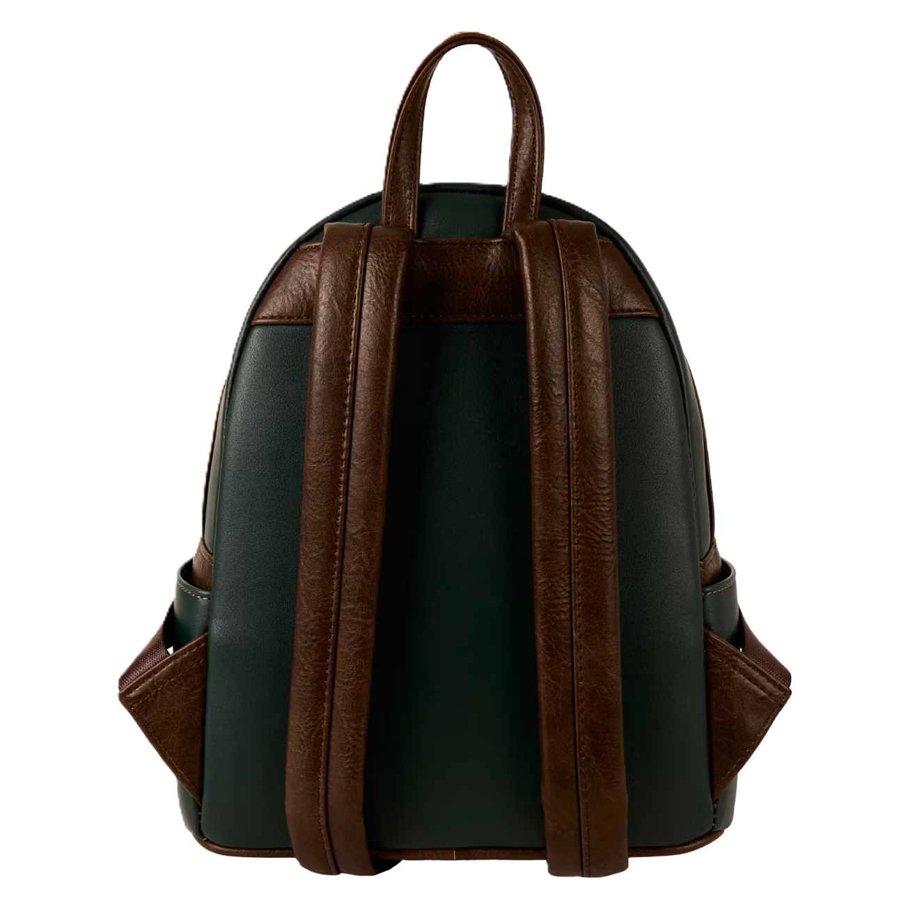 Loungefly backpack with brown leather straps and trim on a white background