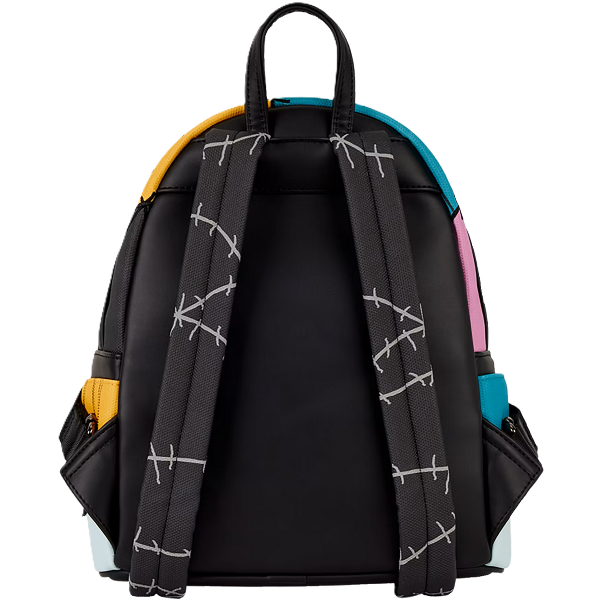 Multicolored loungefly backpack with black straps on a white background