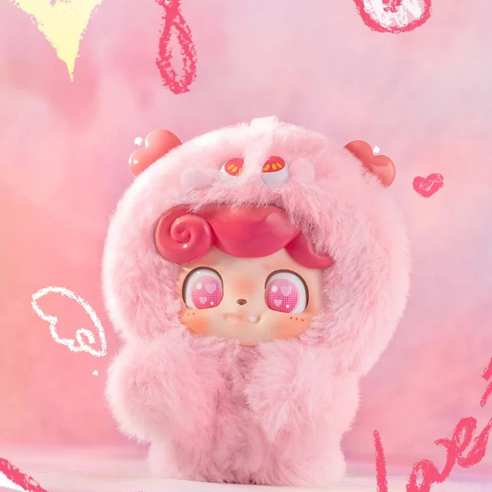 Cute Affection Q Kid plush toy with pink hair and outfit on a soft pink background