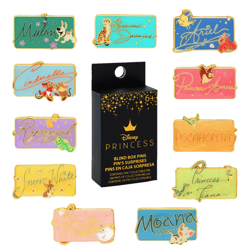 Collection of Disney Princess signature Loungefly pins with a blind box packaging on a white background