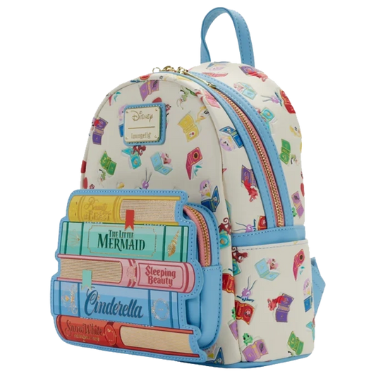 Disney Princess Books Classics Loungefly Mini Backpack with fairy tale princess book design on a white background
