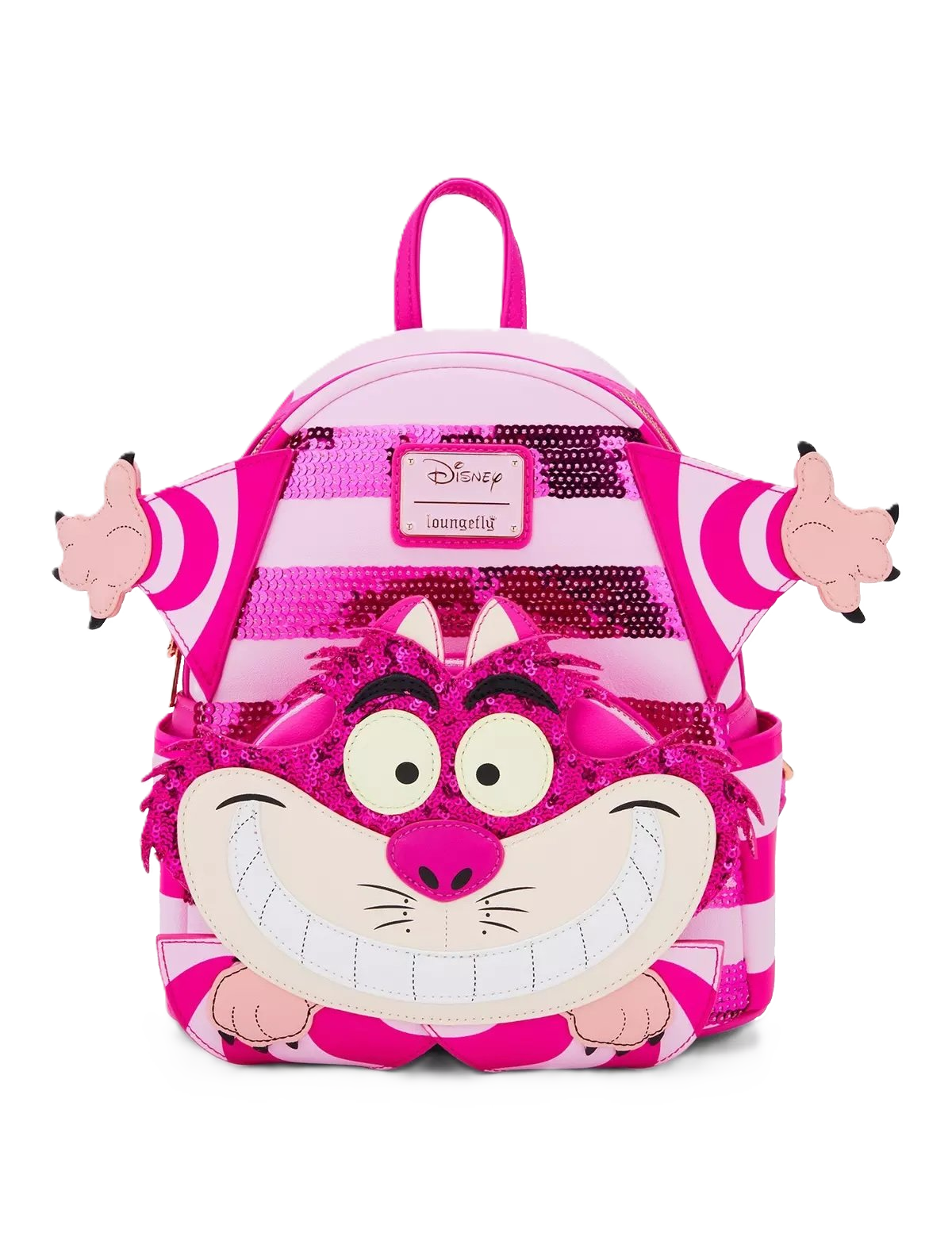 Pink and white striped Cheshire cat Loungefly backpack on a white background