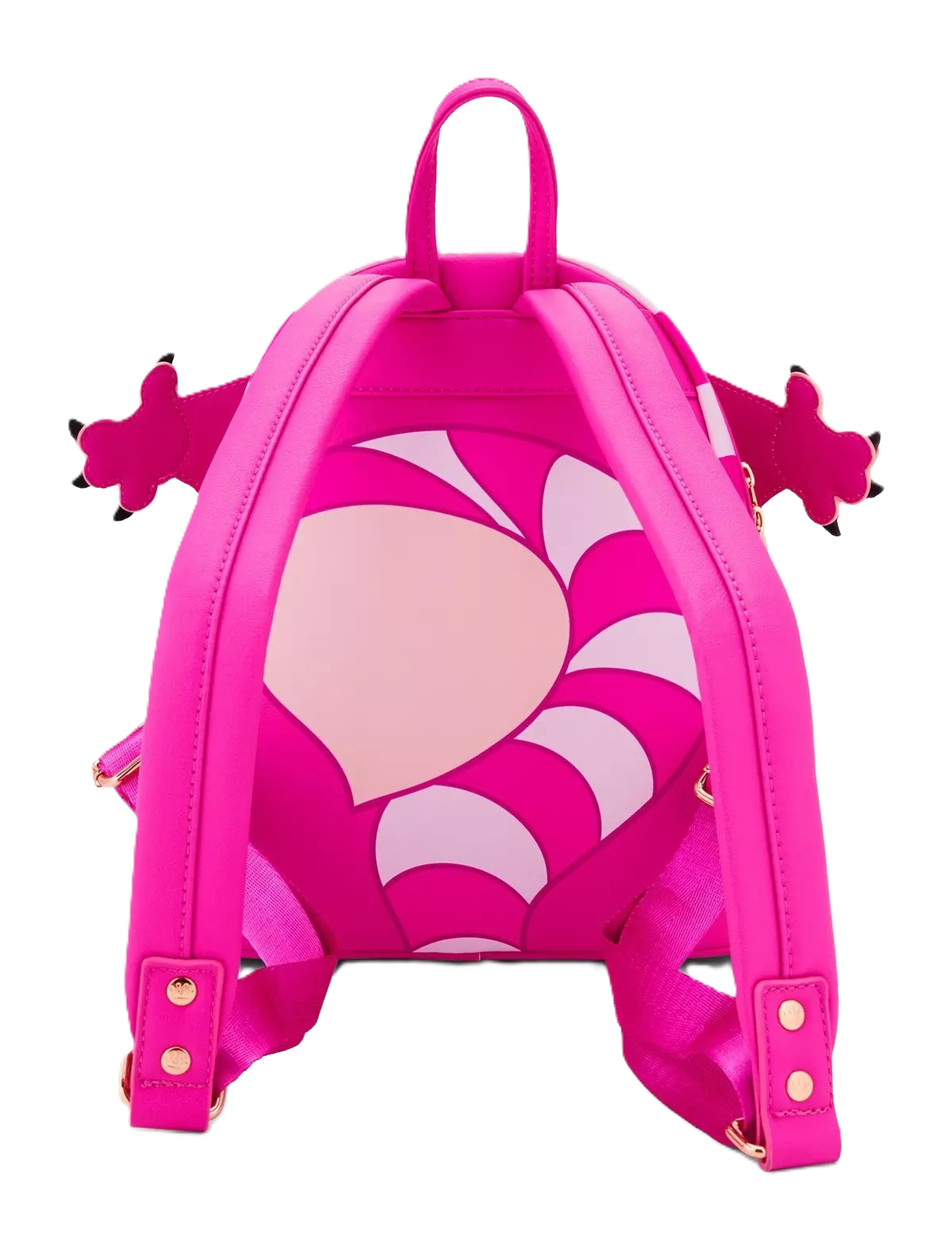 Pink backpack with cartoon character design on a white background