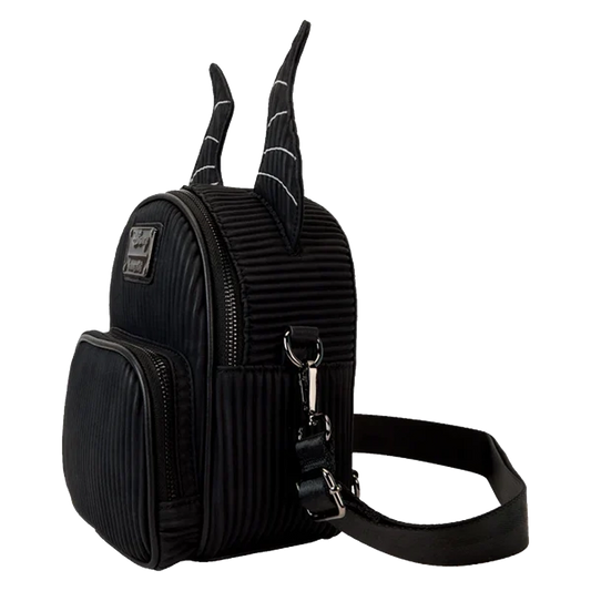 Disney villains Maleficent Loungefly Convertible Mini Backpack with decorative horns on a white background