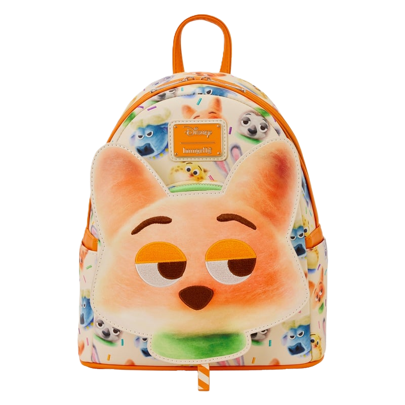 Zootopia 2 Loungefly backpack with Nick Wilde design and Disney branding on a white background