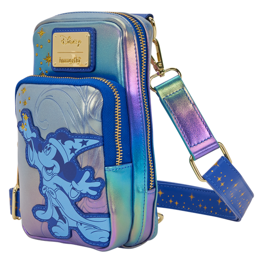 Multicolored sorcerer mickey fantasia cellphone crossbody loungefly bag with sorcerer mickey design