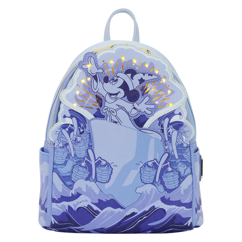 Sorcerer Mickey Fantasia Loungefly backpack with the magic brooms on a white background
