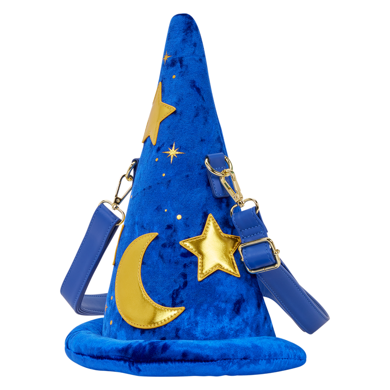 Blue shaped Fantasia Mickey sorcerer hat Loungefly bag with gold stars and moon on a white background