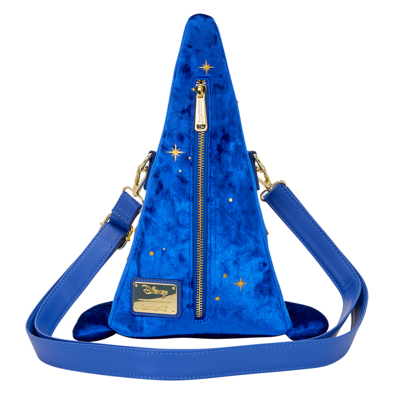 Blue sorcerer Mickey Loungefly hat shaped bag with gold accents on a white background