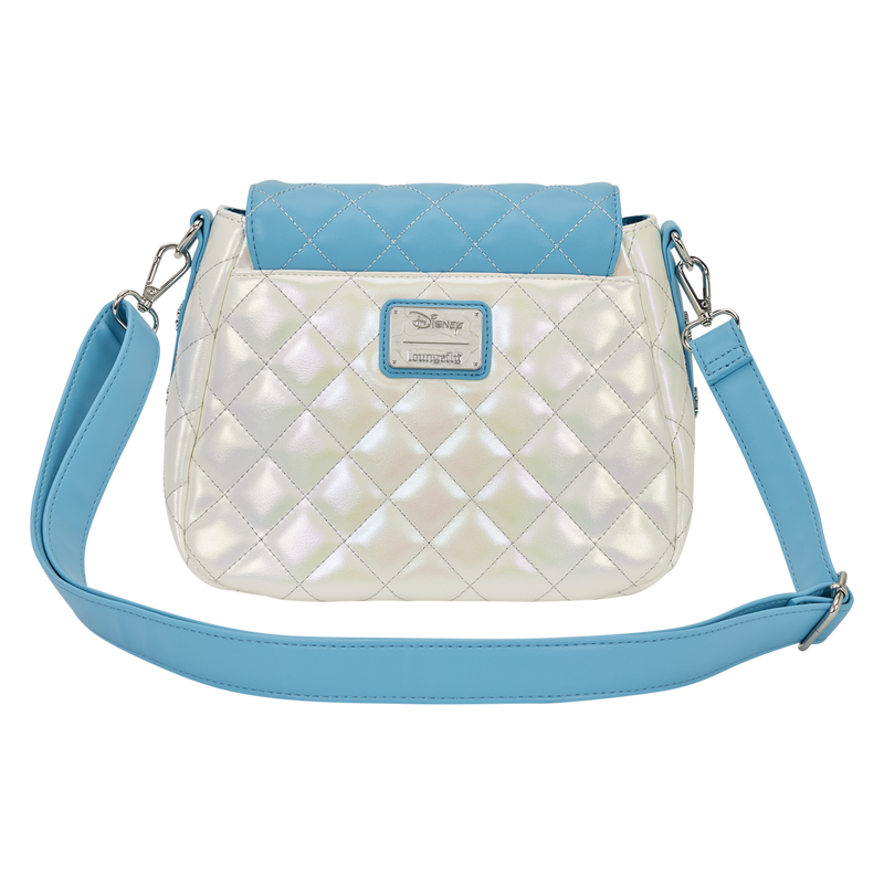 Quilted Elsa crossbody bag with light blue top and strap on a white background
