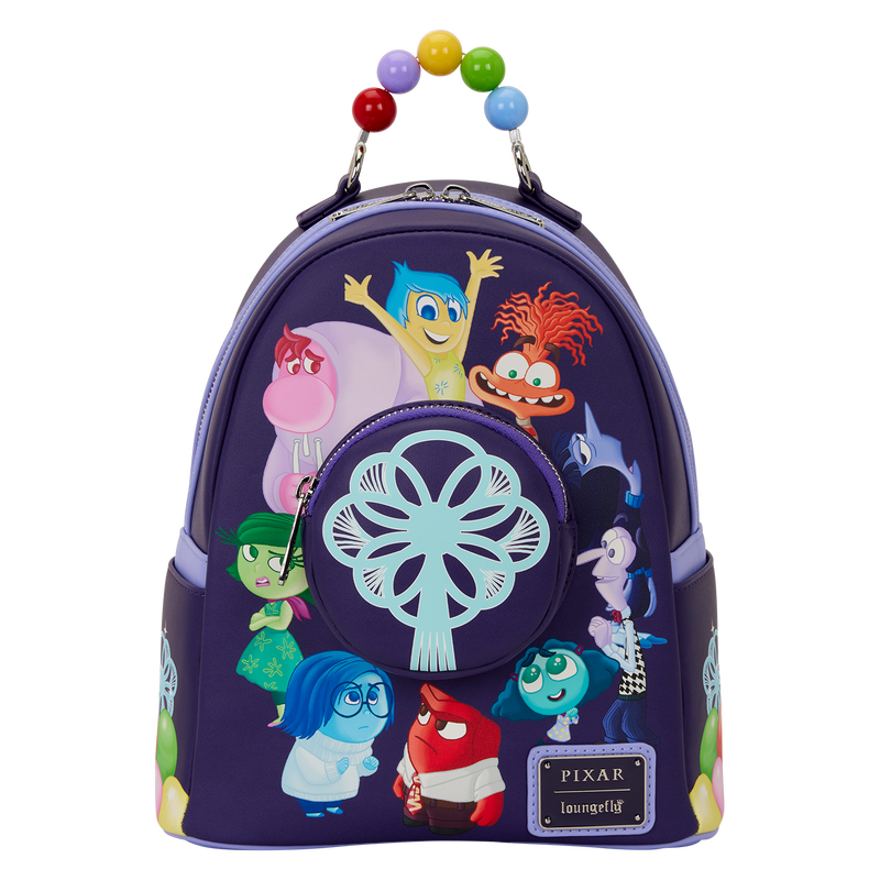 Loungefly backpack with colorful Inside Out 2 design on a white background