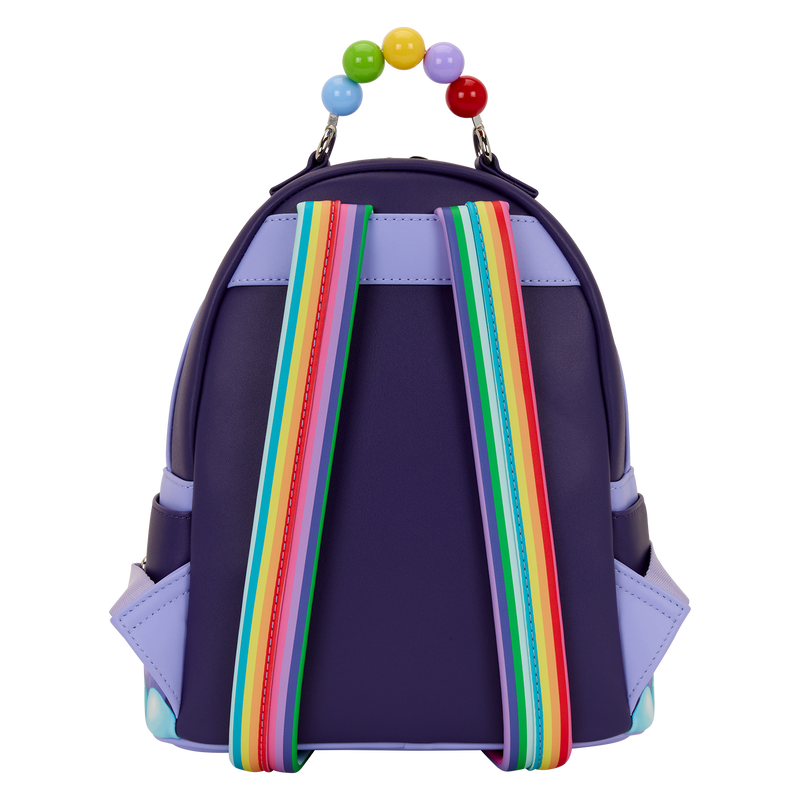 Purple backpack with colorful straps and beads on a white background