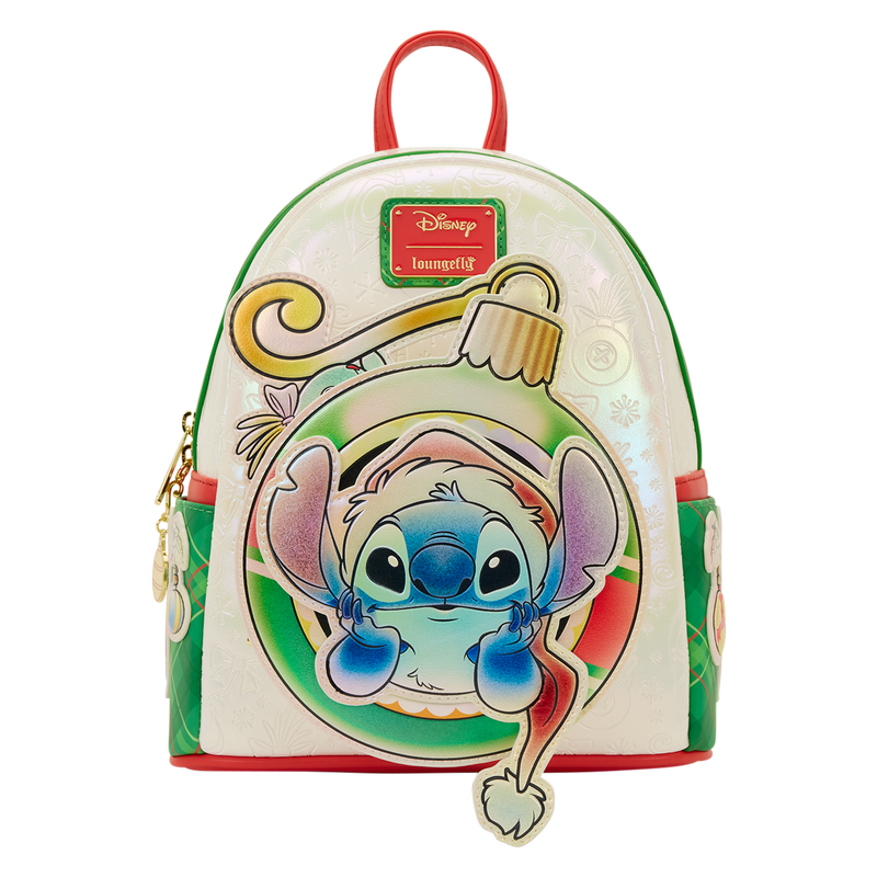 Christmas themed Stitch Loungefly backpack on a white background