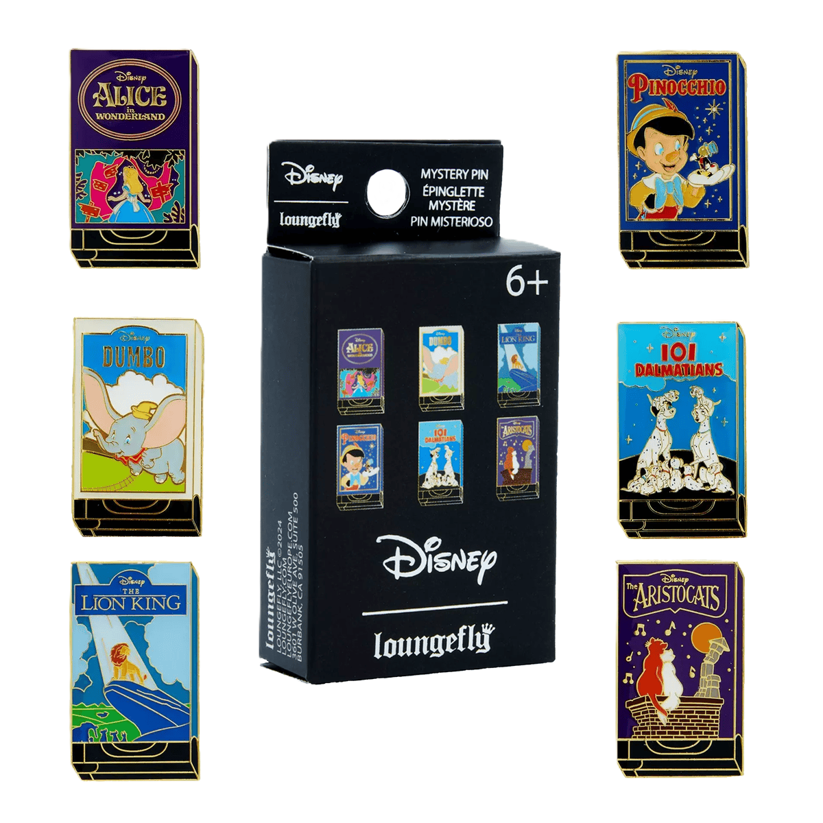 Disney classics Loungefly pins collection of Disney-themed pins from Alice in Wonderland, Pinocchio, Dumbo, 101 Dalmatians, The lion king & the Aristocats by Loungefly with packaging on a white background