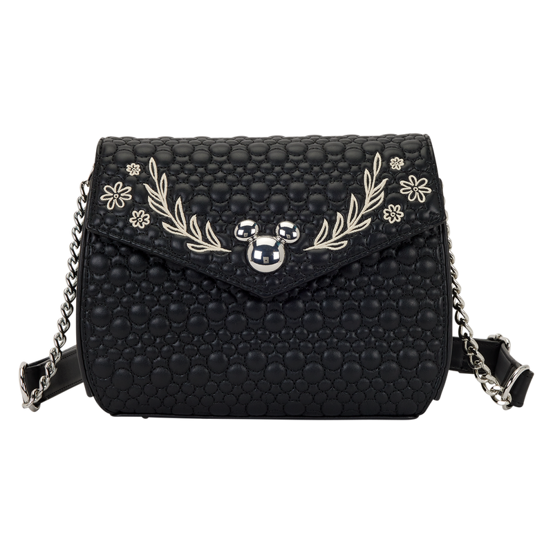 Mickey sketch artist black textured Loungefly crossbody bag with mickey pattern design on a white background
