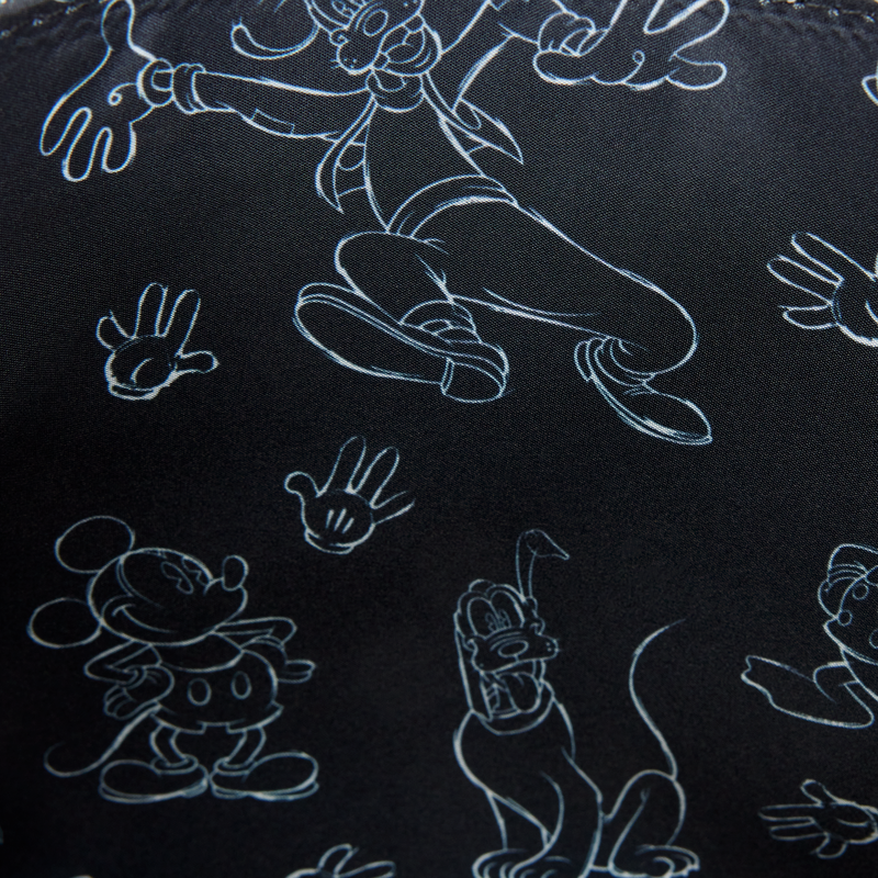 Black interior lining fabric with white Mickey Mouse, Pluto, Goofy sketch character outlines