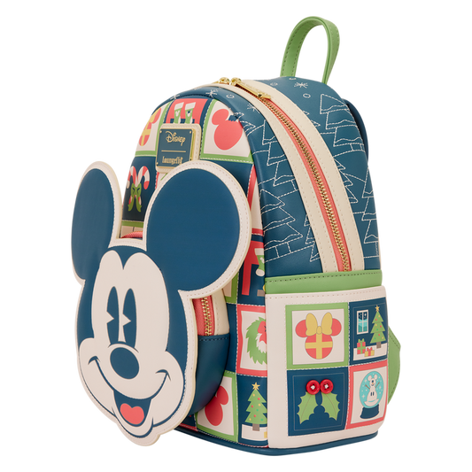 Mickey Mouse Holiday Loungefly backpack with a festive design on a white background