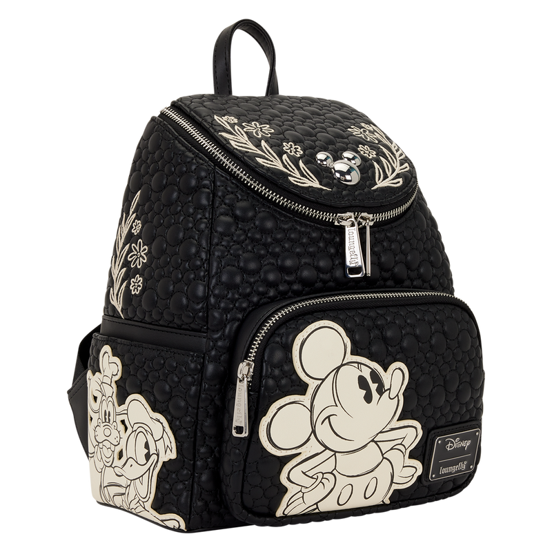 Mickey & Friends black loungefly backpack with white sketch designs of Goofy, Donald Duck & Mickey mouse