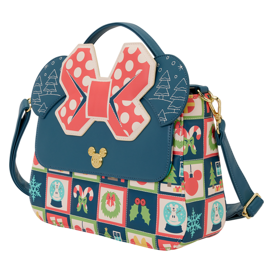 Minnie Mouse Holiday Loungefly crossbody handbag with festive design and bow detail on a white background