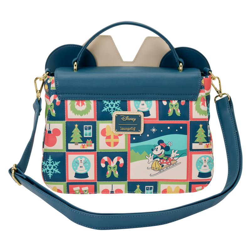 Minnie Mouse Loungefly crossbody handbag with Christmas-themed pattern on a white background