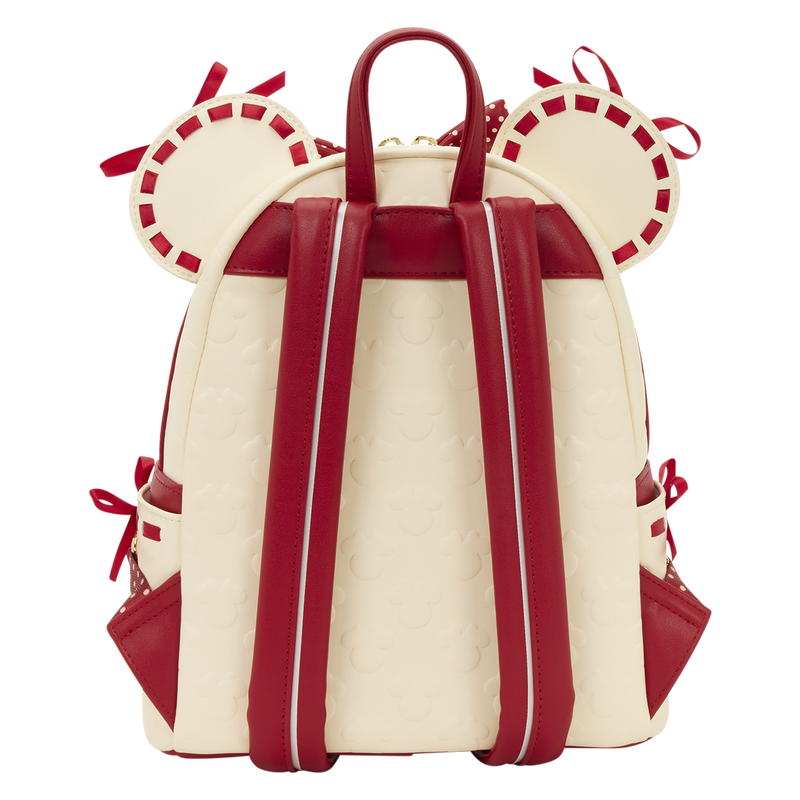 Minnie Mouse Rock the Dots Coquette Mini loungefly Backpack with red straps and decorative elements on a white background