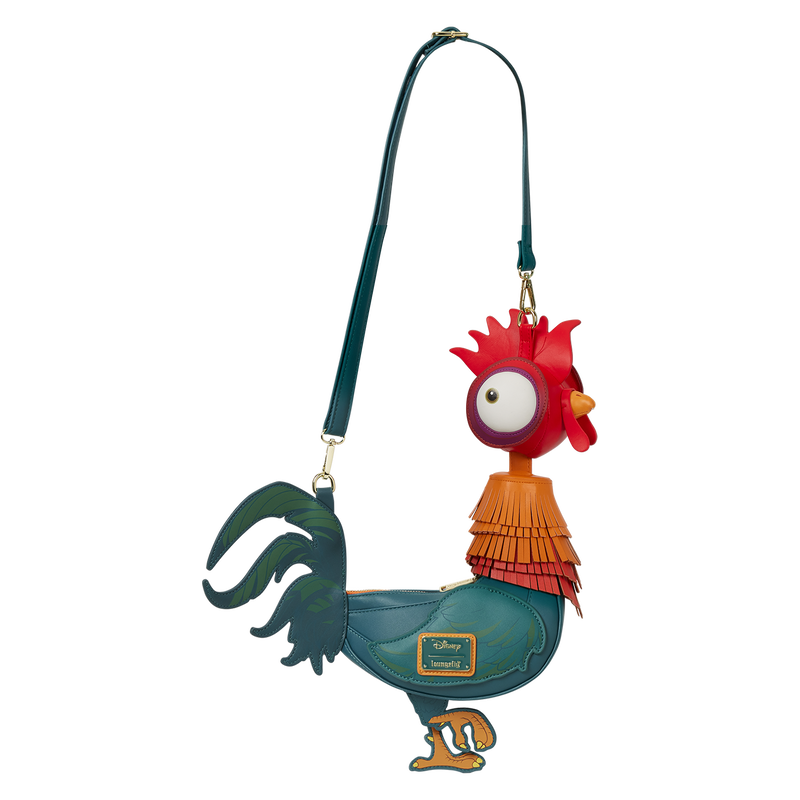 Colorful Hei Hei shaped Loungefly bag with a strap on a white background