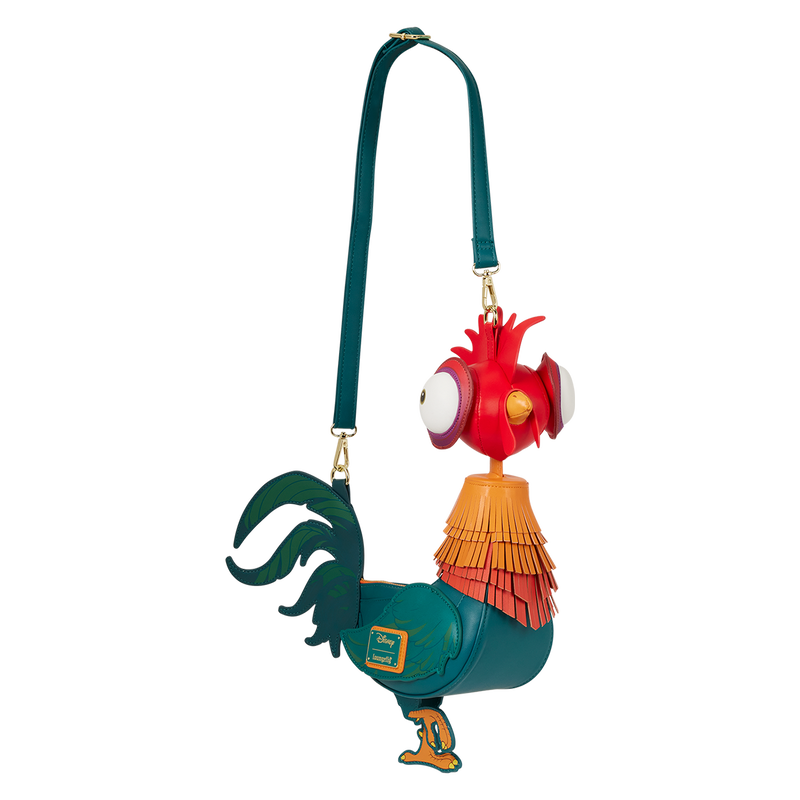 Colorful Hei Hei shaped Loungefly bag with a strap on a white background