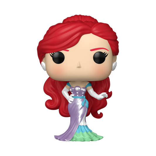 Funko Pop! vinyl figure of Disney princess Ariel with red hair and a purple dress on a white background