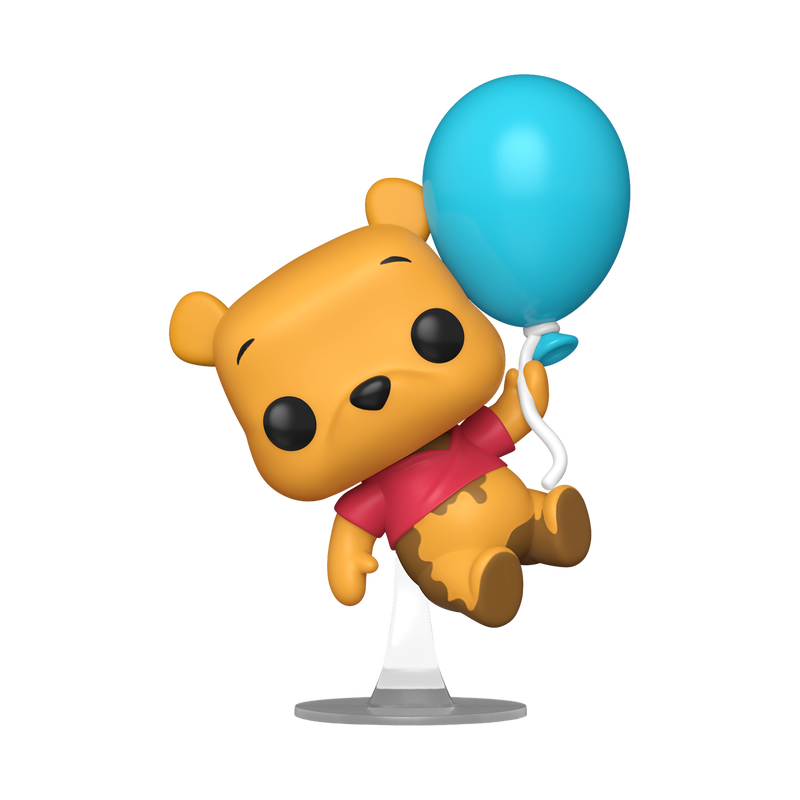 Figurine of a winnie the pooh holding a blue balloon on a white background