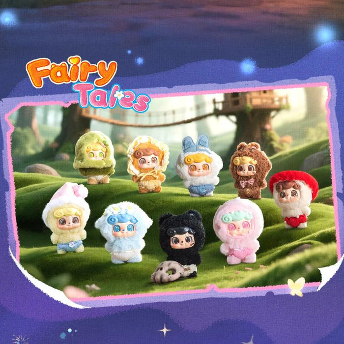Toy figures in colorful outfits with 'Fairy Tales' text against a fantasy landscape.