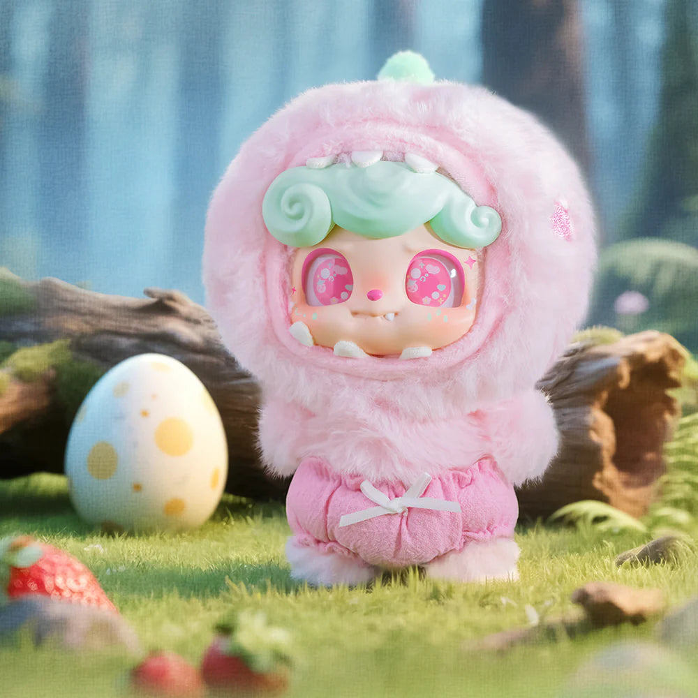 Cute Q kid strawberry dino plush toy in a pink outfit with a pastel background