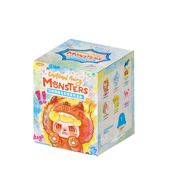 Box of Q Kid Emotional Hairy Monsters toy plush on a white background