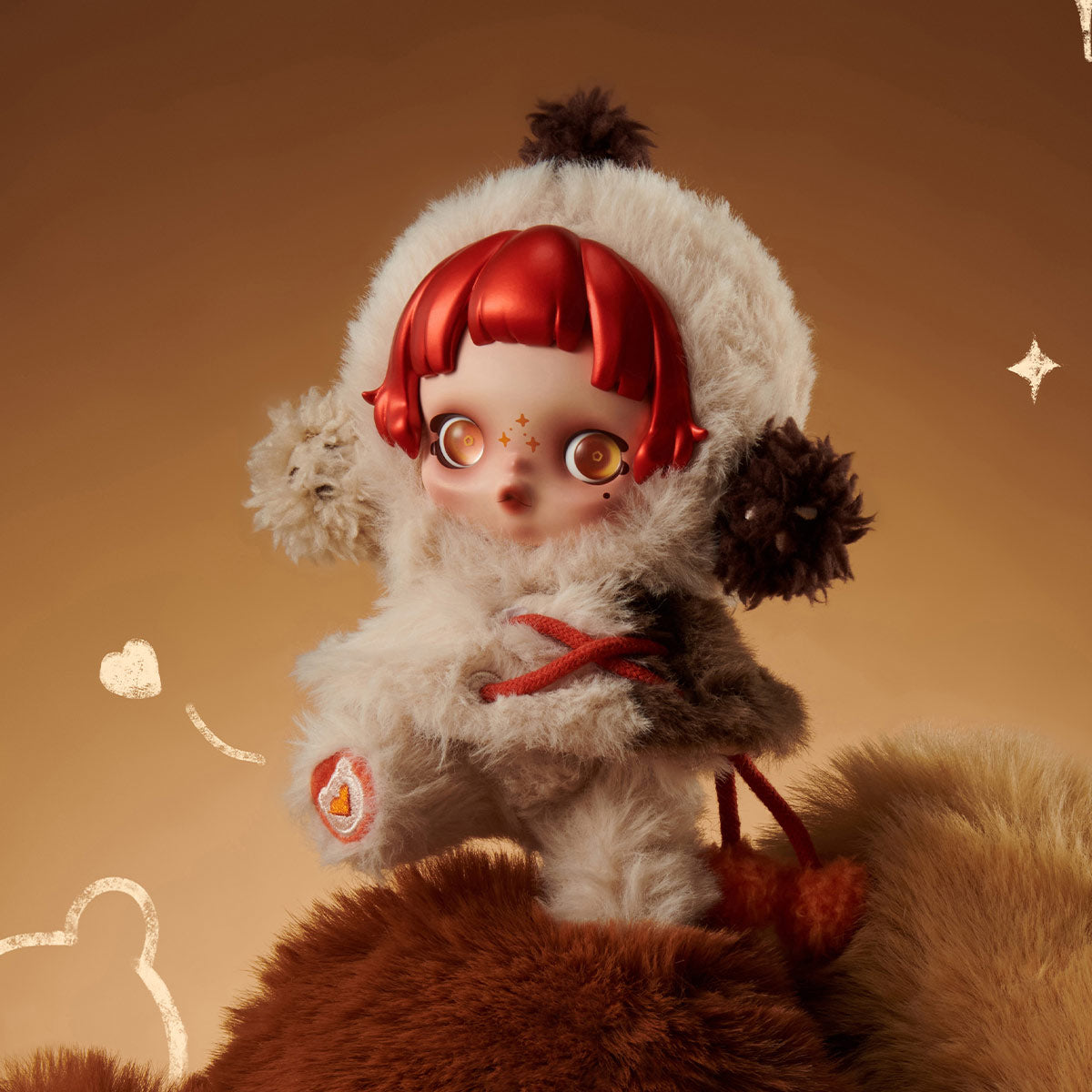 Skullpanda winter symphony ode to cocoa figuring with hair and a white outfit on a warm-toned background