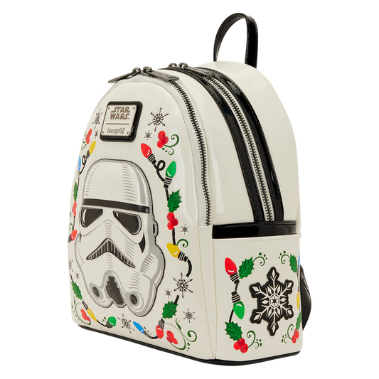 Christmas themed Loungefly backpack with Stormtrooper design and holiday decorations on a white background