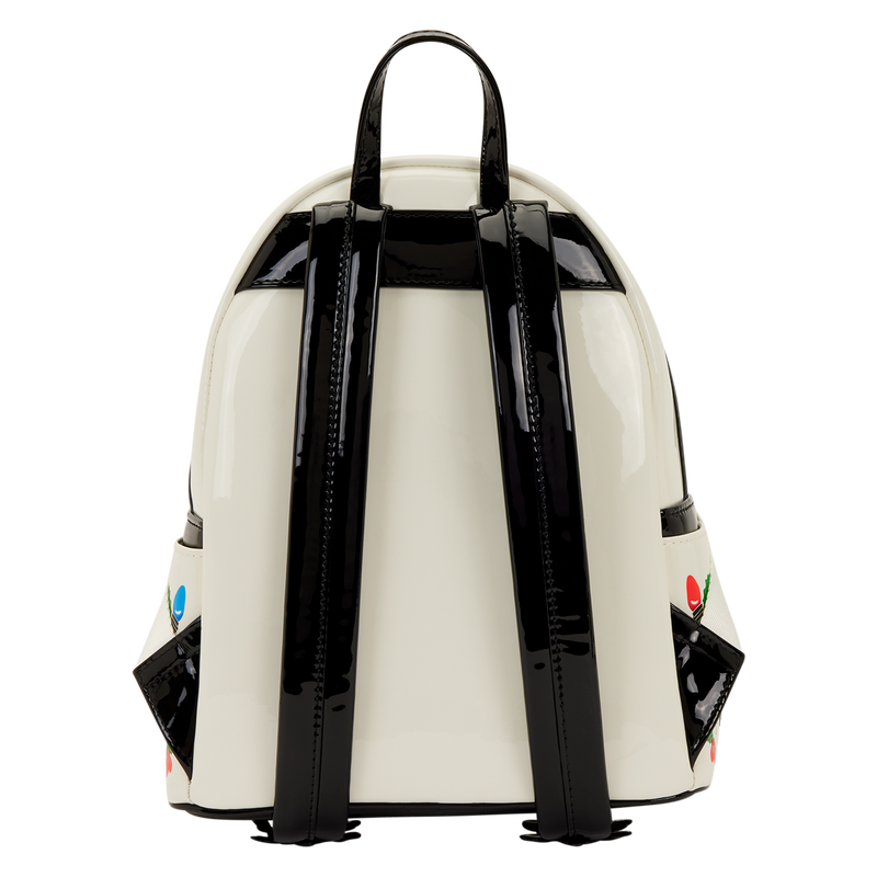Black and white Loungefly backpack with black accents on a white background