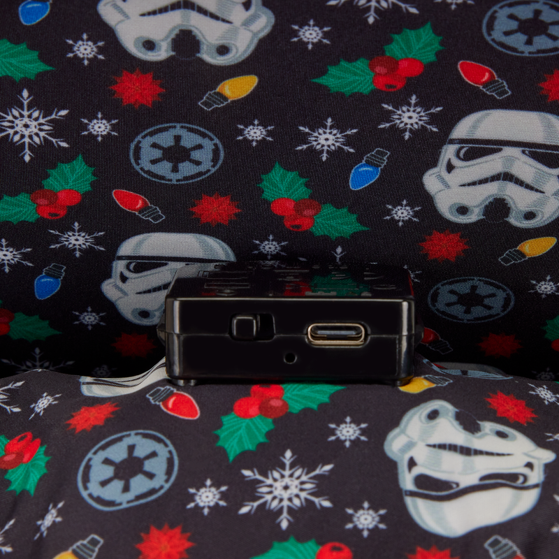 Loungefly backpack Star Wars-themed fabric lining with stormtrooper helmets, lightsabers, and Christmas elements.