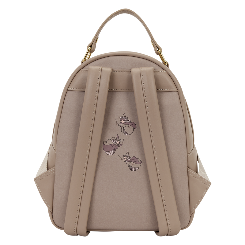 Sleeping Beauty & Maleficent Spinning Wheel Loungefly Mini Backpack backpack with the 3 fairies on the back on a white background