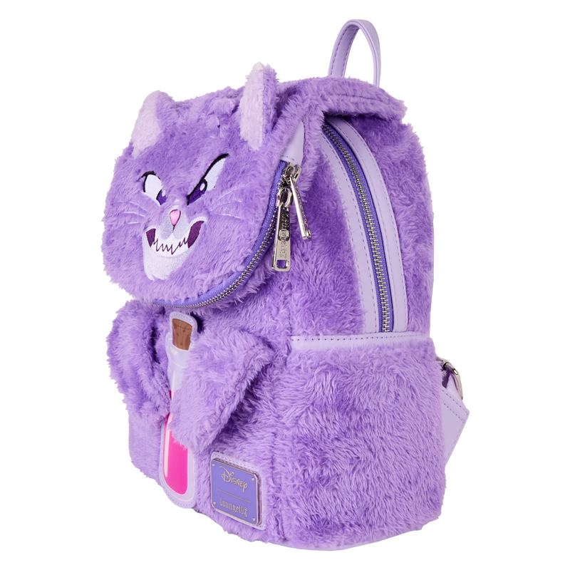 Purple Yzma cat plush Loungefly backpack with poison bottle on a white background