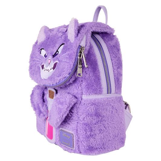Purple Yzma cat plush Loungefly backpack with poison bottle on a white background
