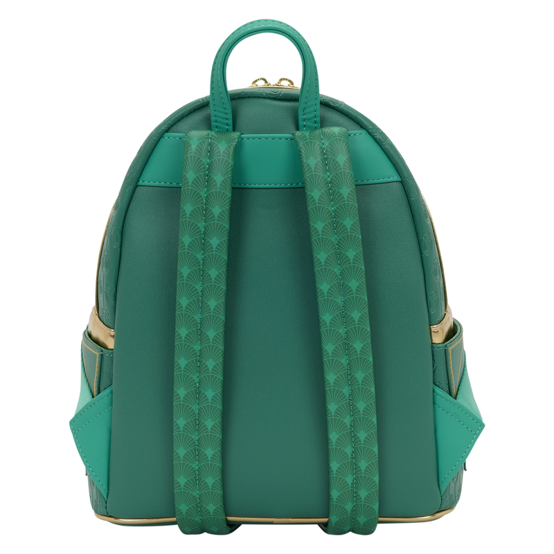 Green backpack with patterned straps on a white background