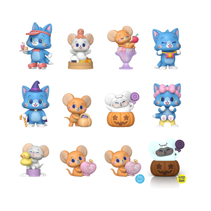 Set of colorful Tom & Jerry (Gokko) figurines with various poses and accessories on a white background