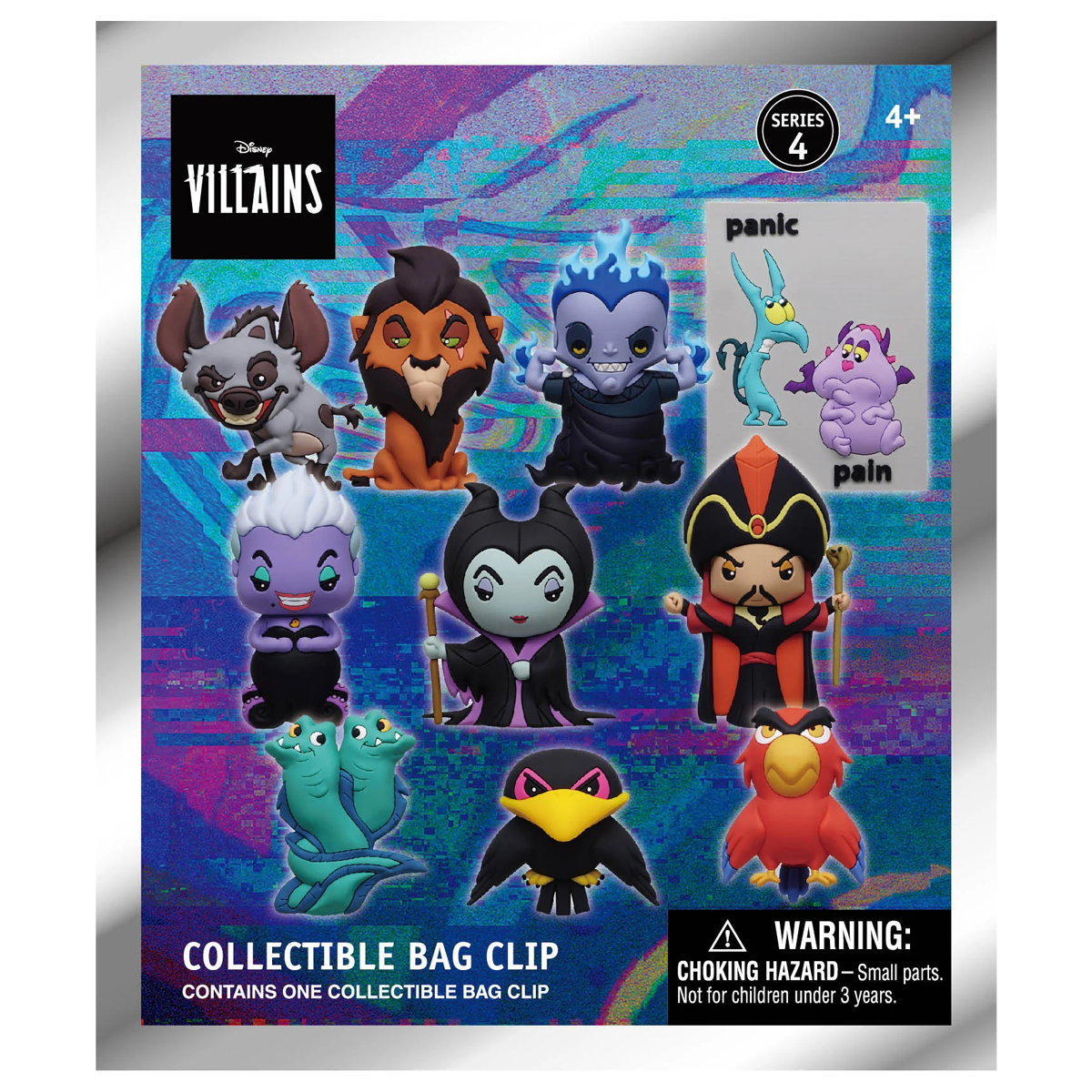 Disney Villains collectible bag charms packaging with character illustrations on a colorful background.