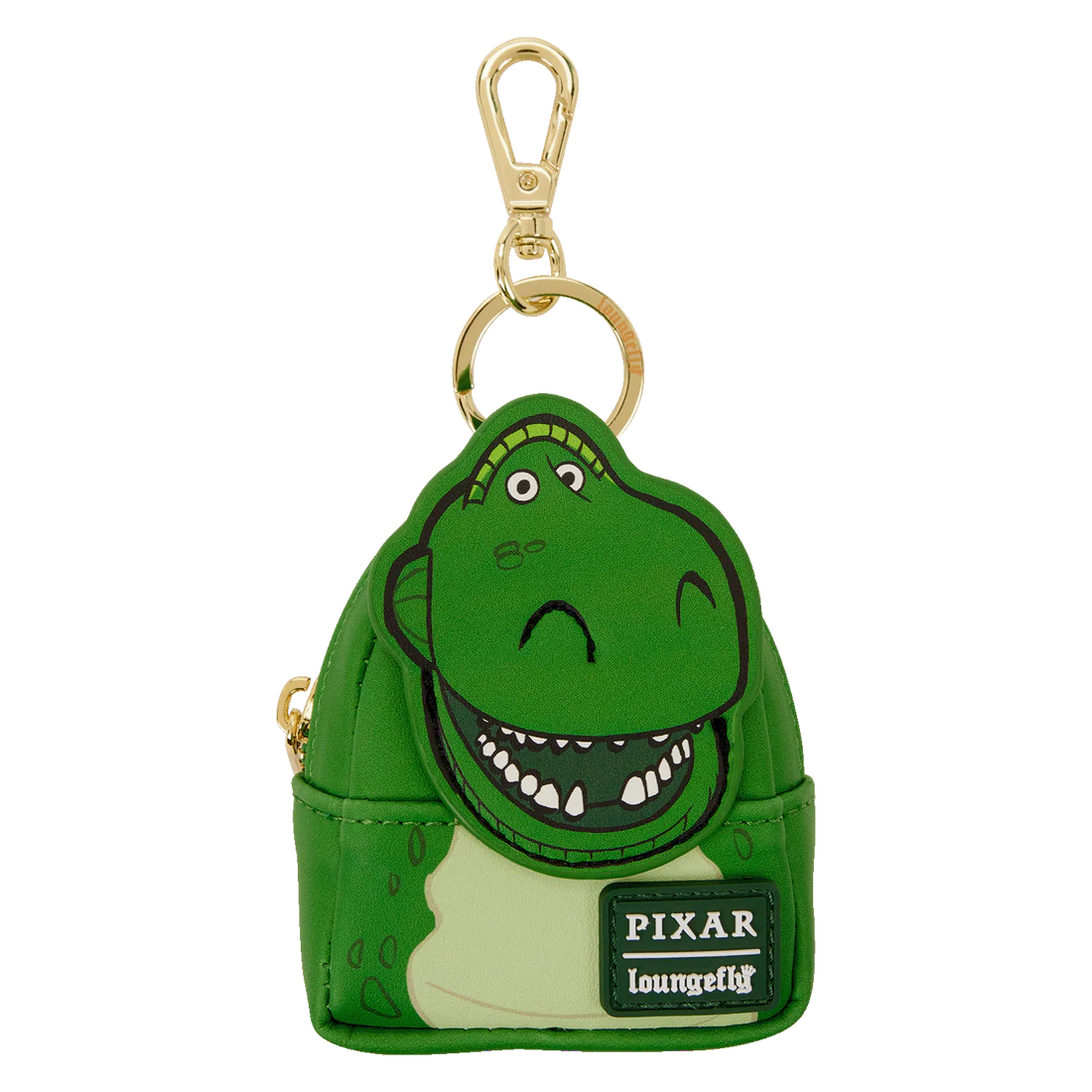 Rex Loungefly bag charm with 'Pixar' and 'Loungefly' branding on a white background